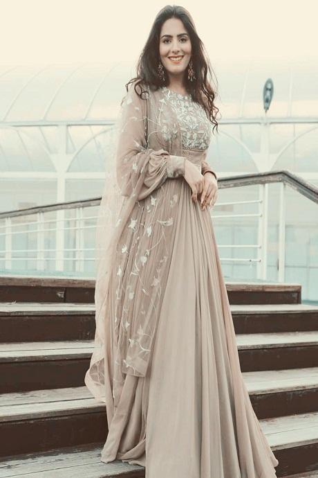 Alluring Light Chiku Color Embroidery Work Party Wear Gown