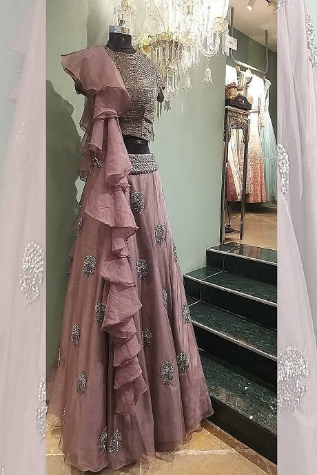 Grey Embroidered Party Wear Net Lehenga Choli Online