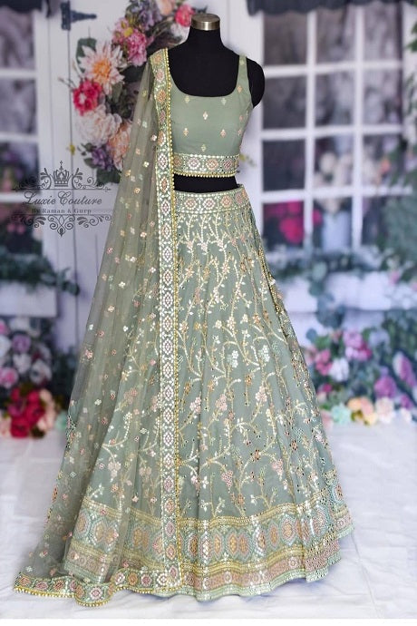 Latest Designer Embroidery Work Mirror Grey Lehenga Design