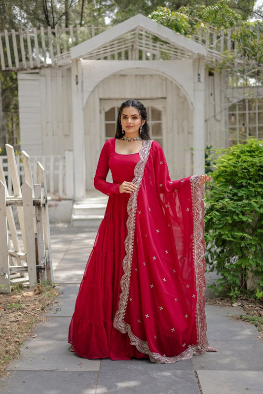 Dark Red Color Heavy Coding Work Bollywood Style Gown