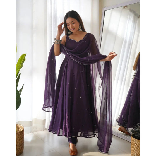 Stylish Soft Heavy Silk Purple Color Anarkali Flared Gown