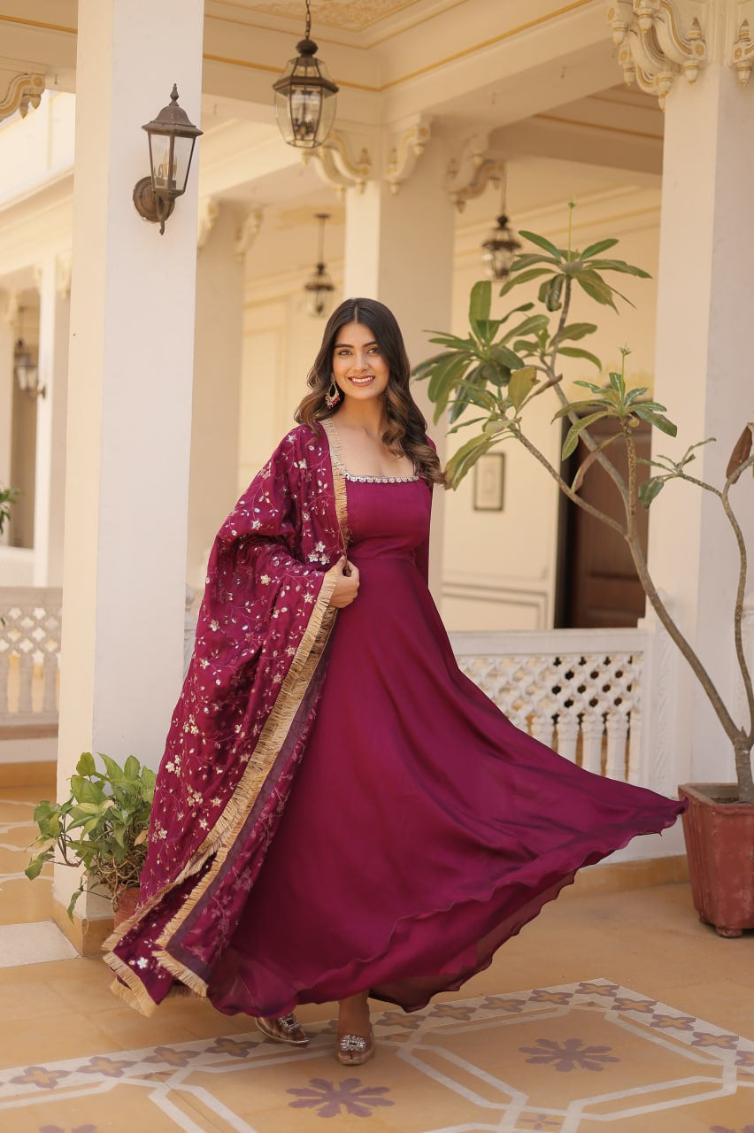 Alluring Maroon Color Embroidery Work Chikankari Gown