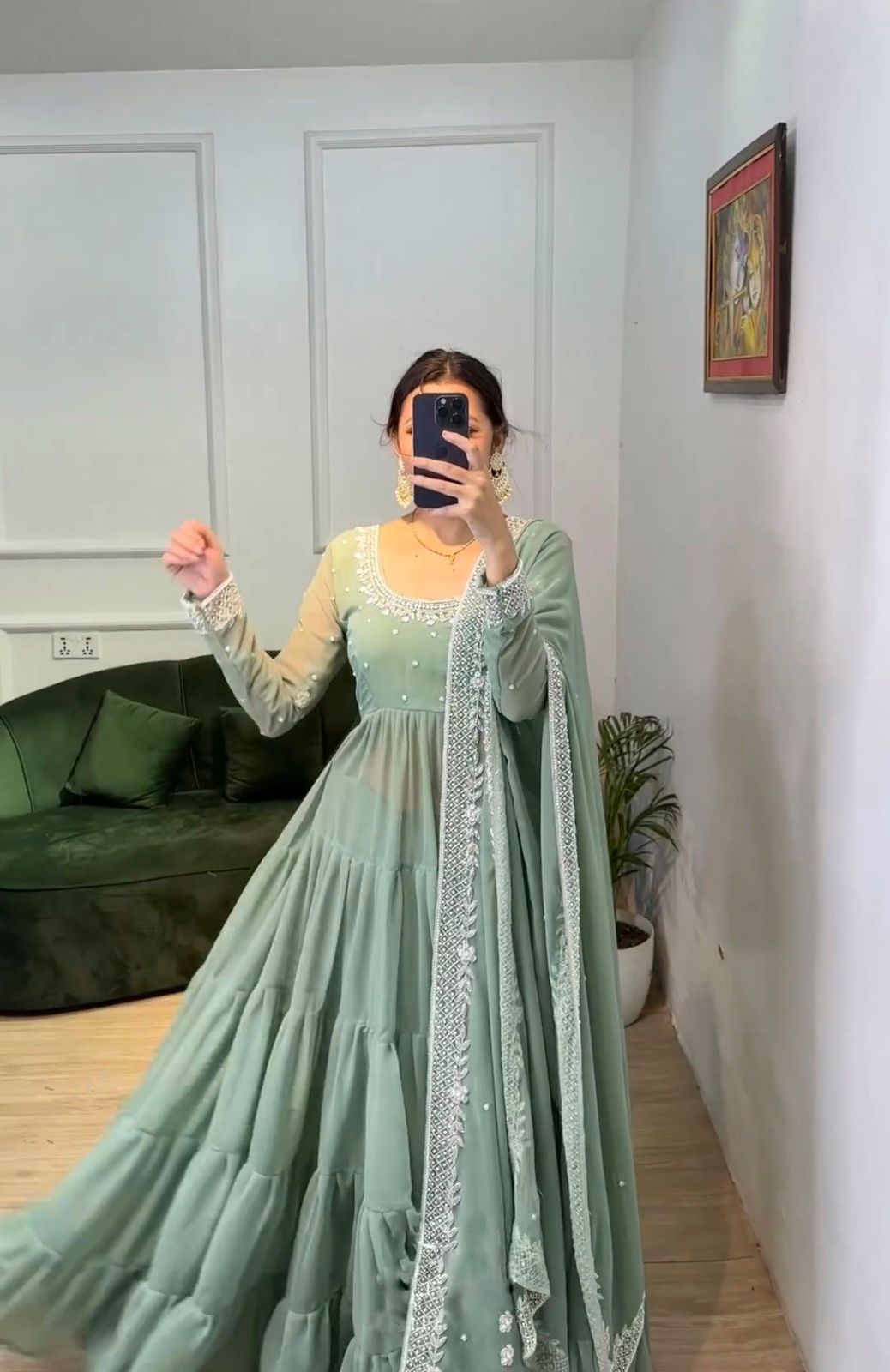 Attractive Green Color Low Price Online Gown For Ladies