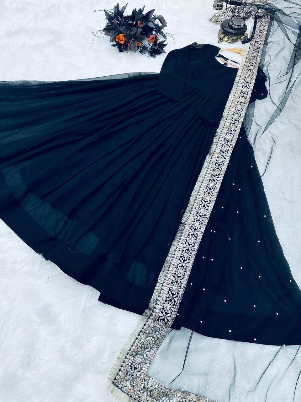 Black Color Anarkali Designer Embroidery Work Gown For Girls