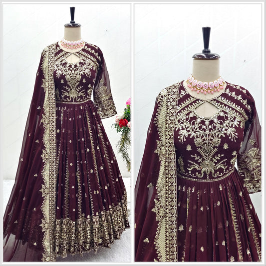 Sequence Work Dark Coffee Color Embroidery Work Gown Dress