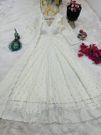 White Color Mirror Work Party Wear Gown Desgine