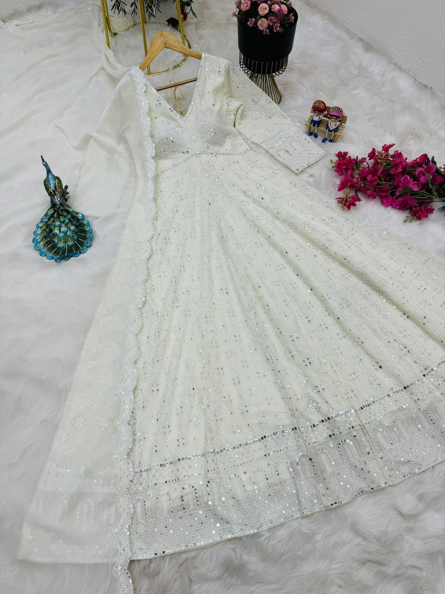 White Color Mirror Work Party Wear Gown Desgine