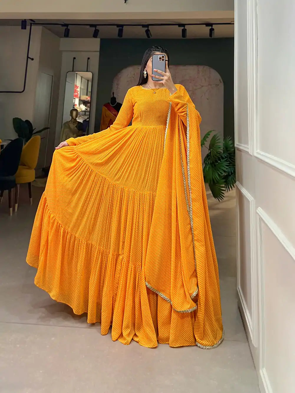 Blazing Yellow Color Attractive Designer Party Wear Gown