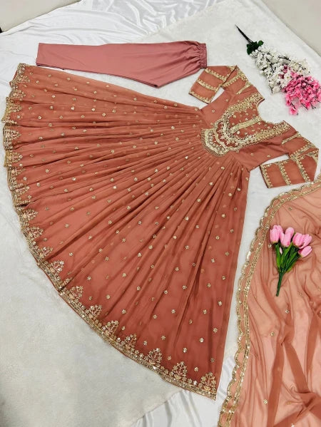 Beautiful Orange Color Attractive Hand Work Stylish Gown