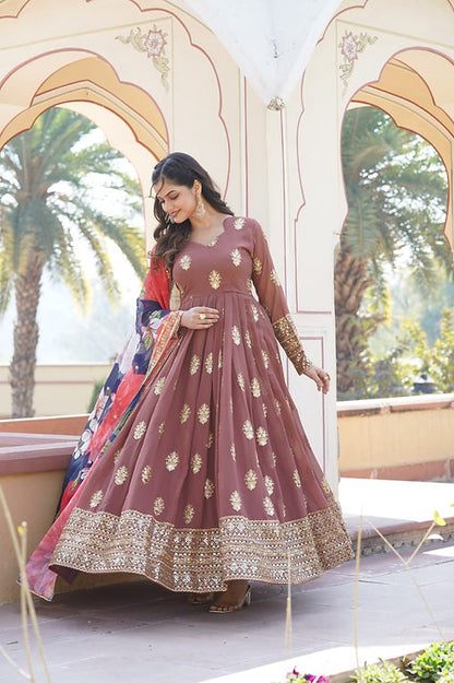 Amazing Coffee Color Round Anarkali Flair Silk Gown