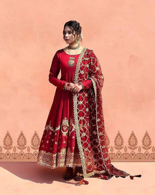 Kalmkari Designer Red Color Trendy Stylish Anarkali Gown