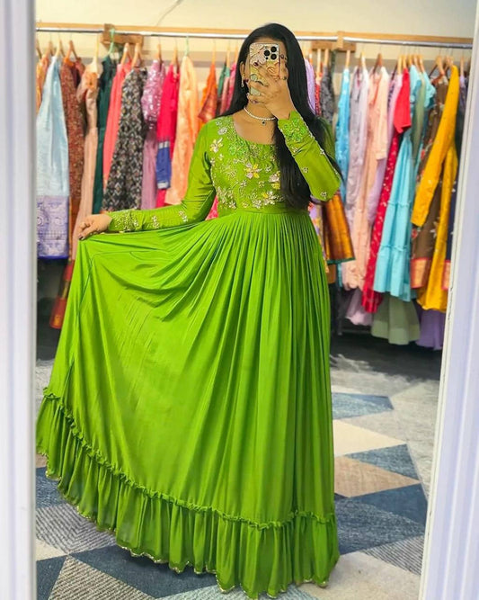 Alluring Parrot Color Shining Embroidery Work Gown Online