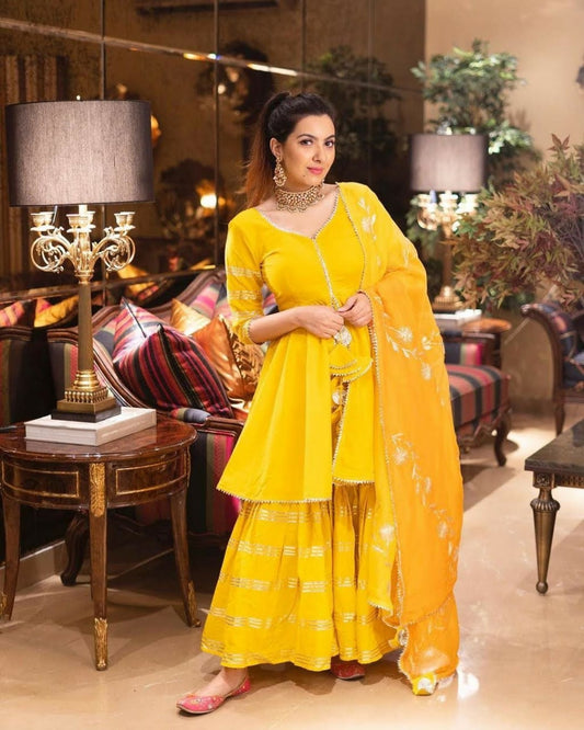 Party Wear Yellow Designer Sharara Suit For Girls