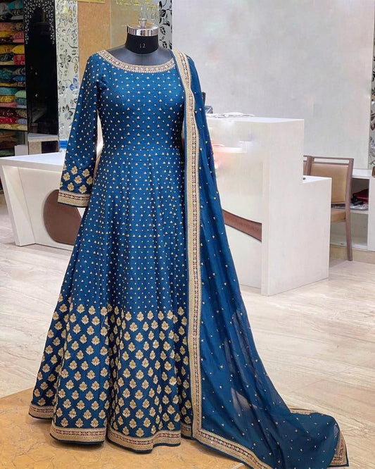 Royal Blue Color Heavy Embrodery Work Gown Designs