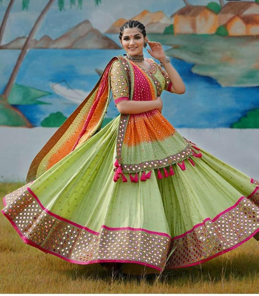 Fascinate Parrot Green Color Real Mirror Work Navratri Wear Lehenga Choli