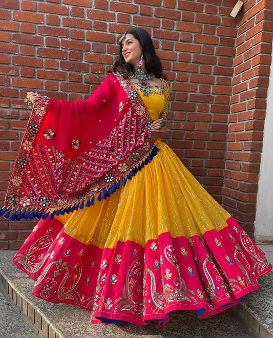 Admirable Yellow- Pink Color Real Mirror Work Navratri Wear Lehenga Choli