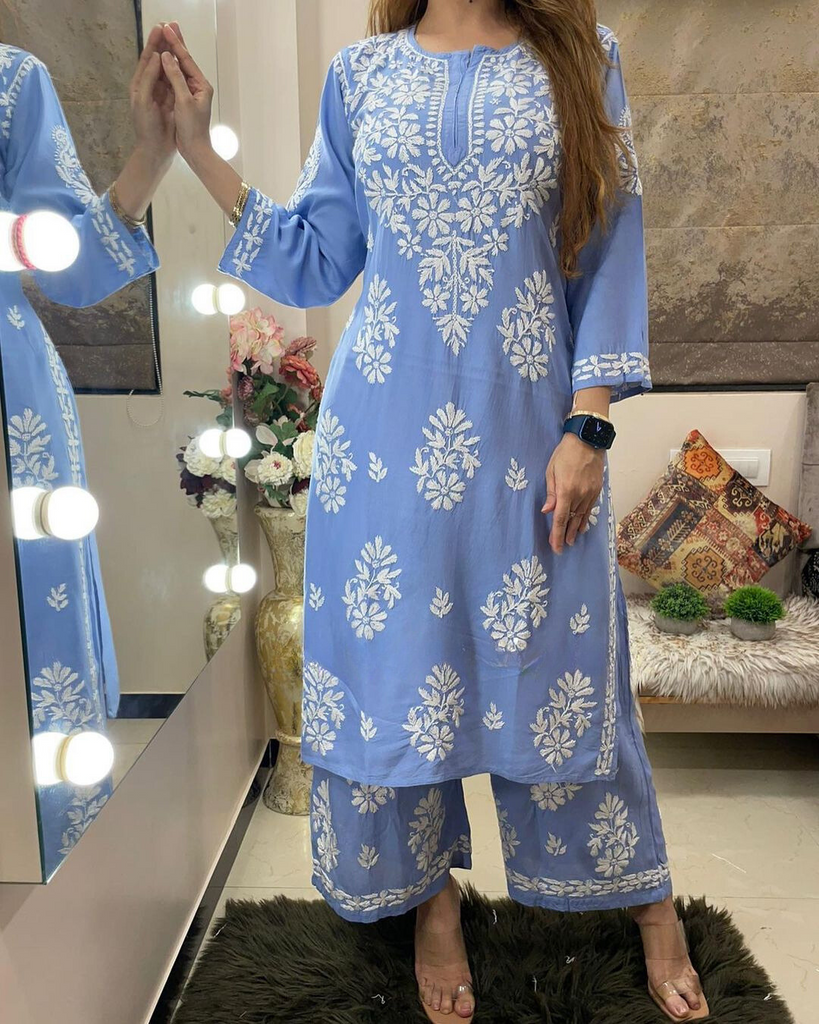 Sky Blue Chikankari Work Attractive Party Wear Kurta