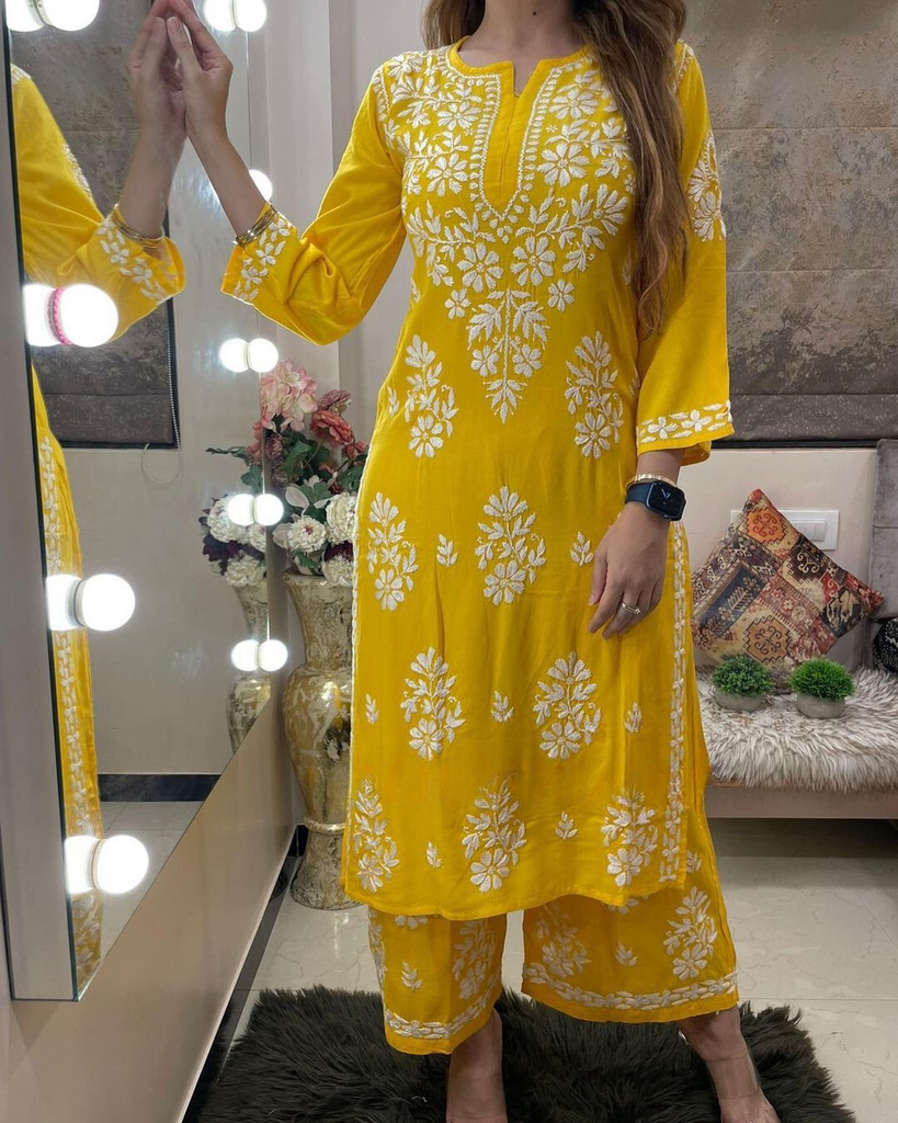 Designer Yellow Color Online Chikankari Kurta For Girls