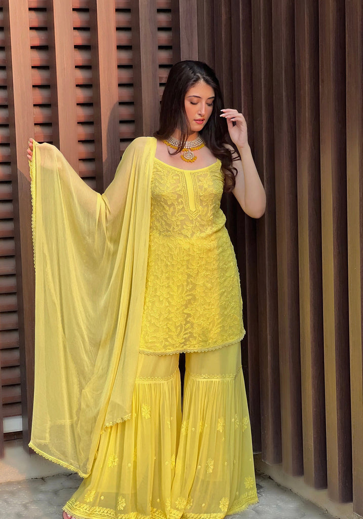 Designer Yellow Color Chicken Party Wear Kurta Design