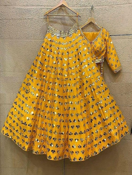 Yellow Printed Shading Mirror With Embroidery Lehenga Choli