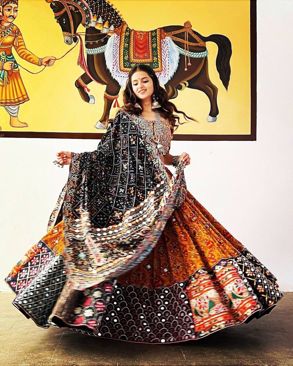 Charismatic Orange Black Color Digital Printed Real Mirror Work Navratri Wear Classic Lehenga Choli