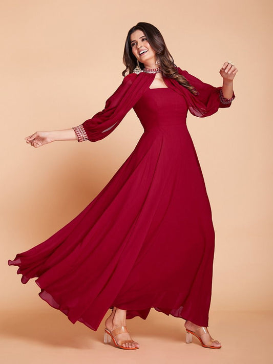 Maroon Color Designer Embroidery Work Gown Dress