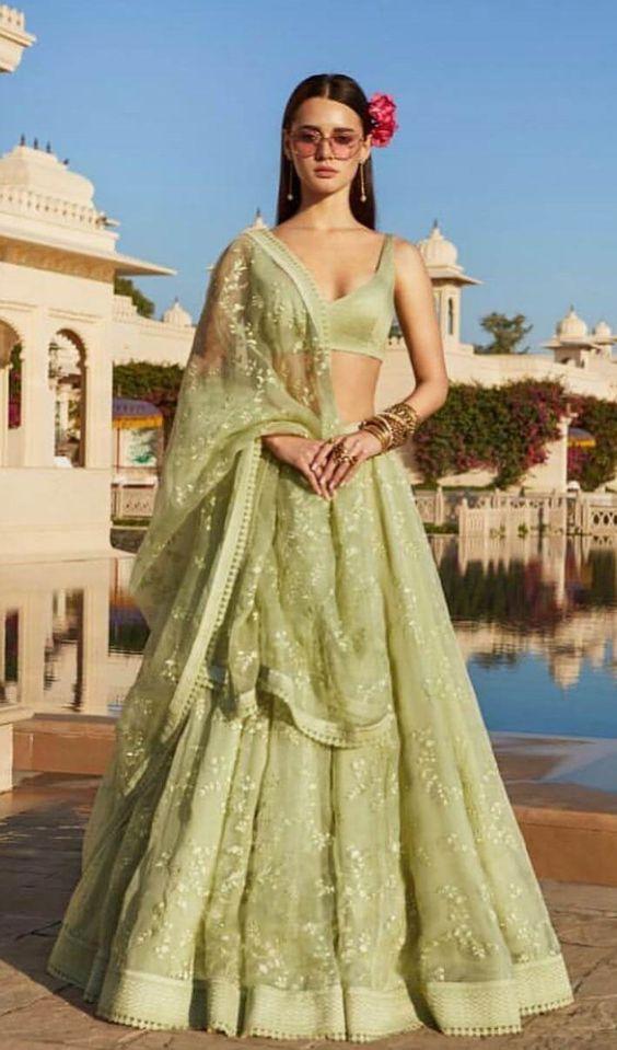 Green Color Designer Party Wear Ruffle Lehenga Choli For Girls