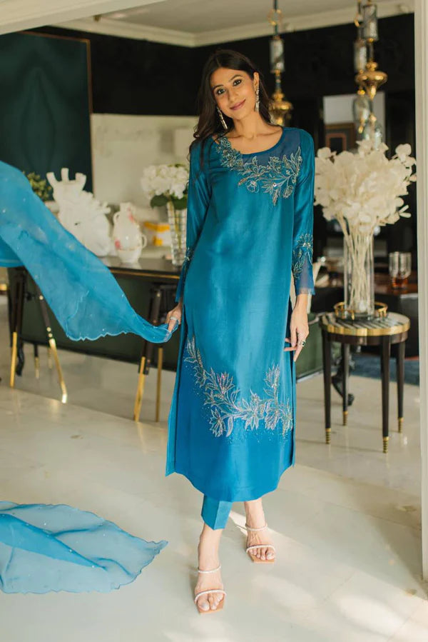 Sky Blue Satin Silk Anarkali Suits With Dupatta