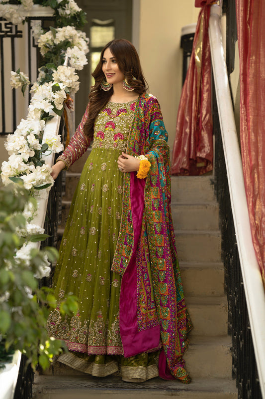 Green Colored Embroidered Work Gown Design Peshwas