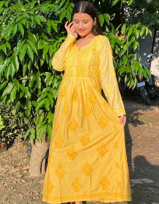 Yellow Color Party Wear Fancy Chikankari Dress For Girls