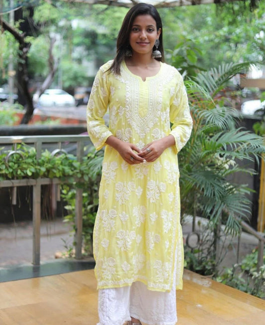 Yellow Color Cotton Chikankari Dress For Girls