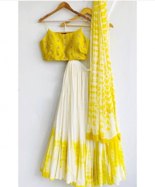 Superlative Georgette Yellow- White Color Lehenga Choli