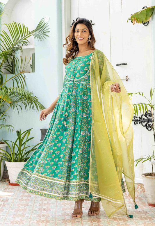 Green Color Designer Embroidery Work Gown Online