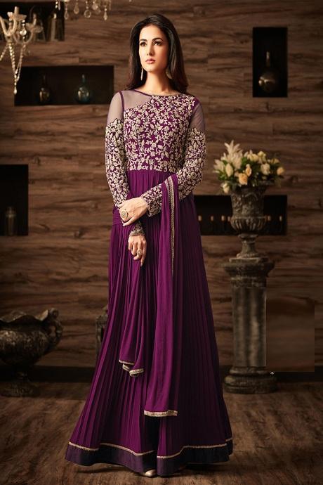 Bewitching Wine Color Attractive Designer Heavy Gown For Girls