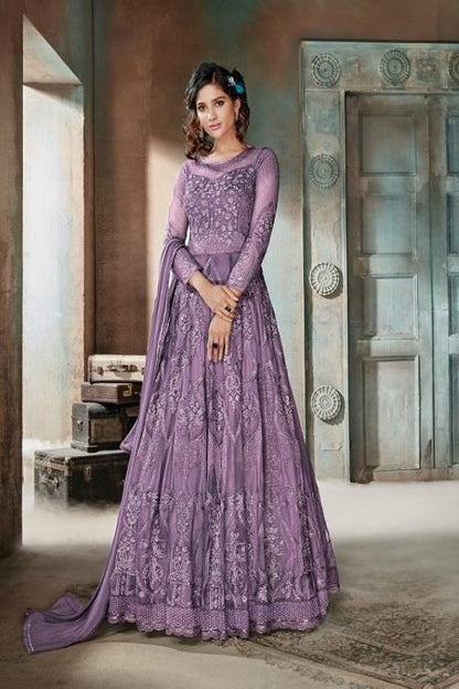 Admirable Dark Purple Color Heavy Work Fuction Wear Gown