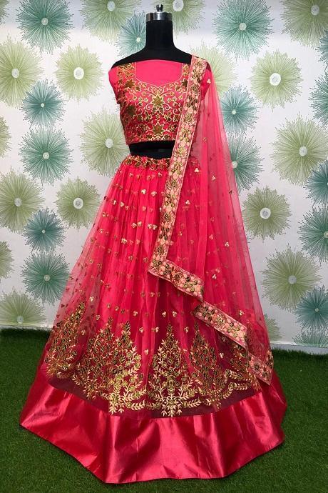 Silk Jardoshi Work Embroidery Red Lehenga at Low Rate