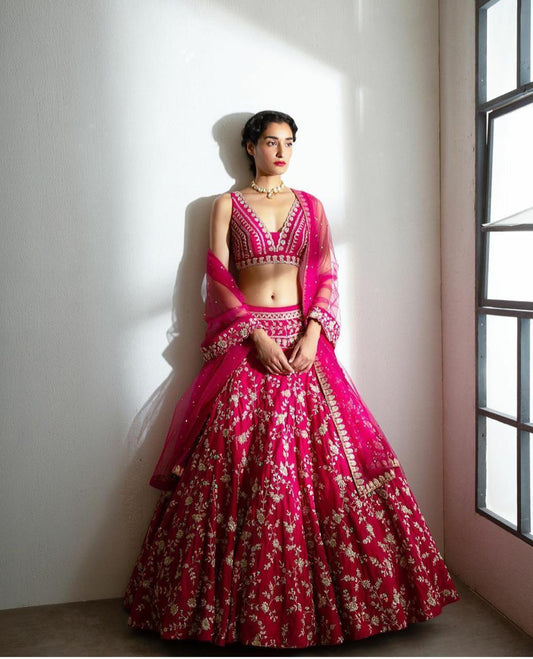 Designer Beautiful Red Embroidery Work Lehenga Choli For Bride