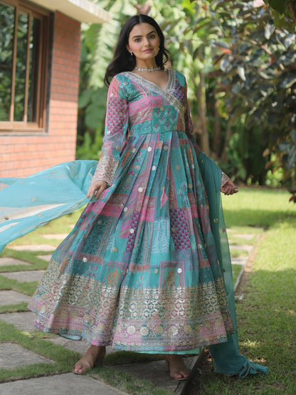 Mirror Work Designer Anarkali Silk Embroidery Work Gown