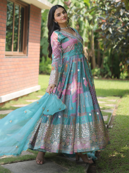 Mirror Work Designer Anarkali Silk Embroidery Work Gown