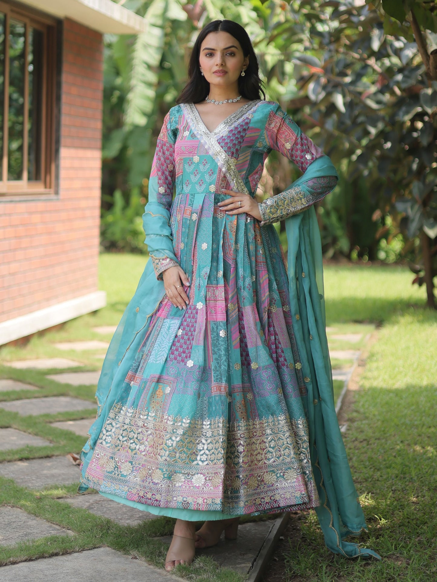 Mirror Work Designer Anarkali Silk Embroidery Work Gown