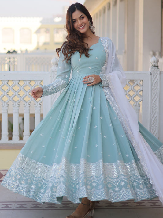 Sky Blue Color Party Wear Embroidery Work Gown Dress