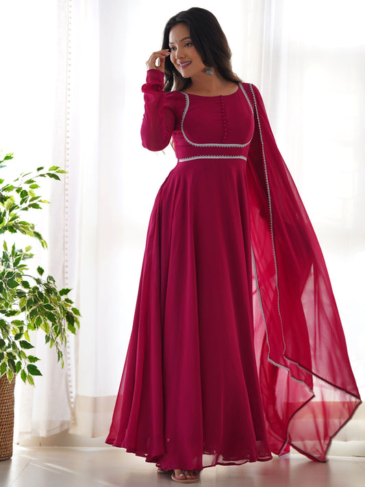 Pink Color Designer Mirror Embroidery Work Gown For Women