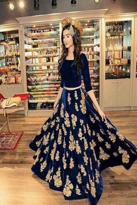 Designer Beautiful Blue Embroidery Work Lehenga Choli For Bride