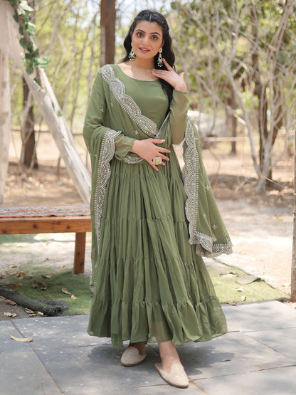 Green Color Mirror Gown Embroidery Work Dress For Girls