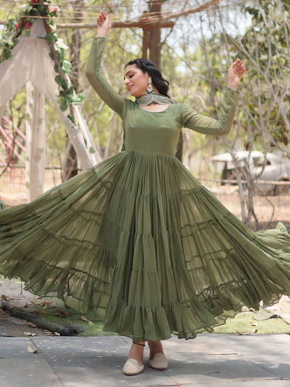 Green Color Mirror Gown Embroidery Work Dress For Girls