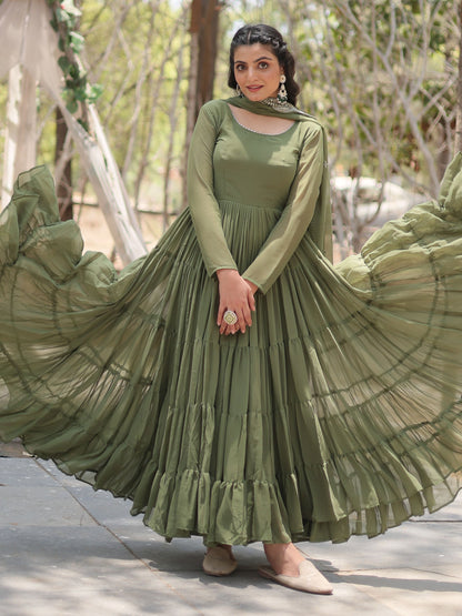 Green Color Mirror Gown Embroidery Work Dress For Girls