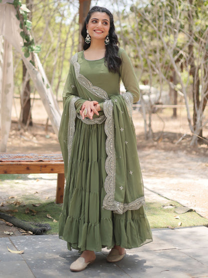 Green Color Mirror Gown Embroidery Work Dress For Girls