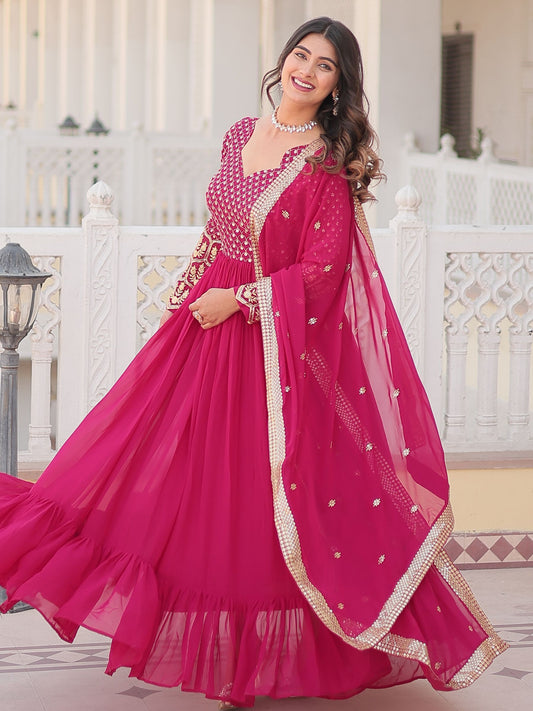 Mirror Border Pink Color Embroidery Work Gown For Women