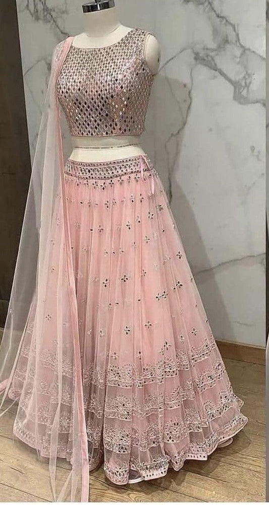 Astounding Mulberry Embroidery Sequence Work Peach Color Lehenga Choli