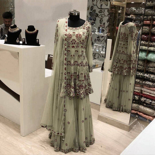 Outstanding Off White Color Embroidery Work Sharara Suit